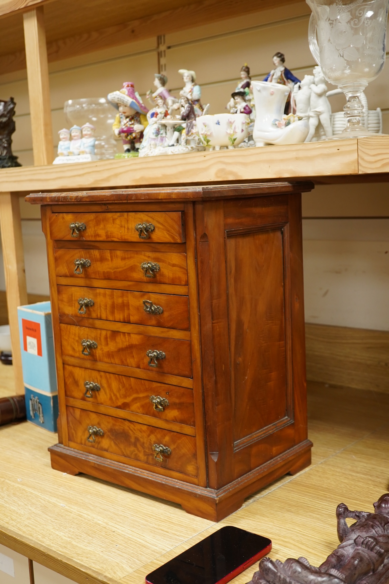A late 19th century satin birch six drawer miniature chest of drawers, 33cm wide x 42cm high
